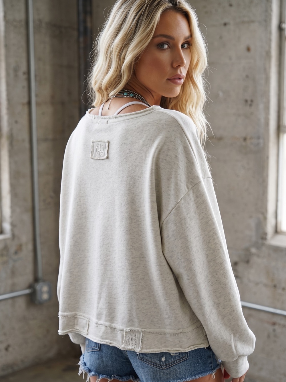 NWT POL Peace Sign Love Oatmeal Natutal Criss Cross Sweatshirt Top - Picture 5 of 14
